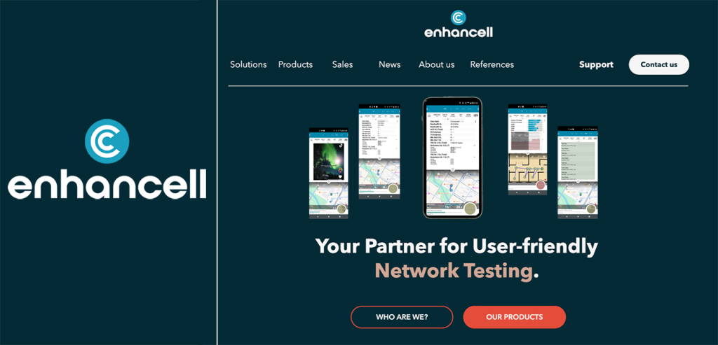Enhancell's new logo on the left and a screenshot of the (now old) website front page.
